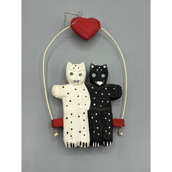 Hand Painted Black White Polka Dot Cat Couple Hanging Swing Heart Wood - Picture 2 of 6